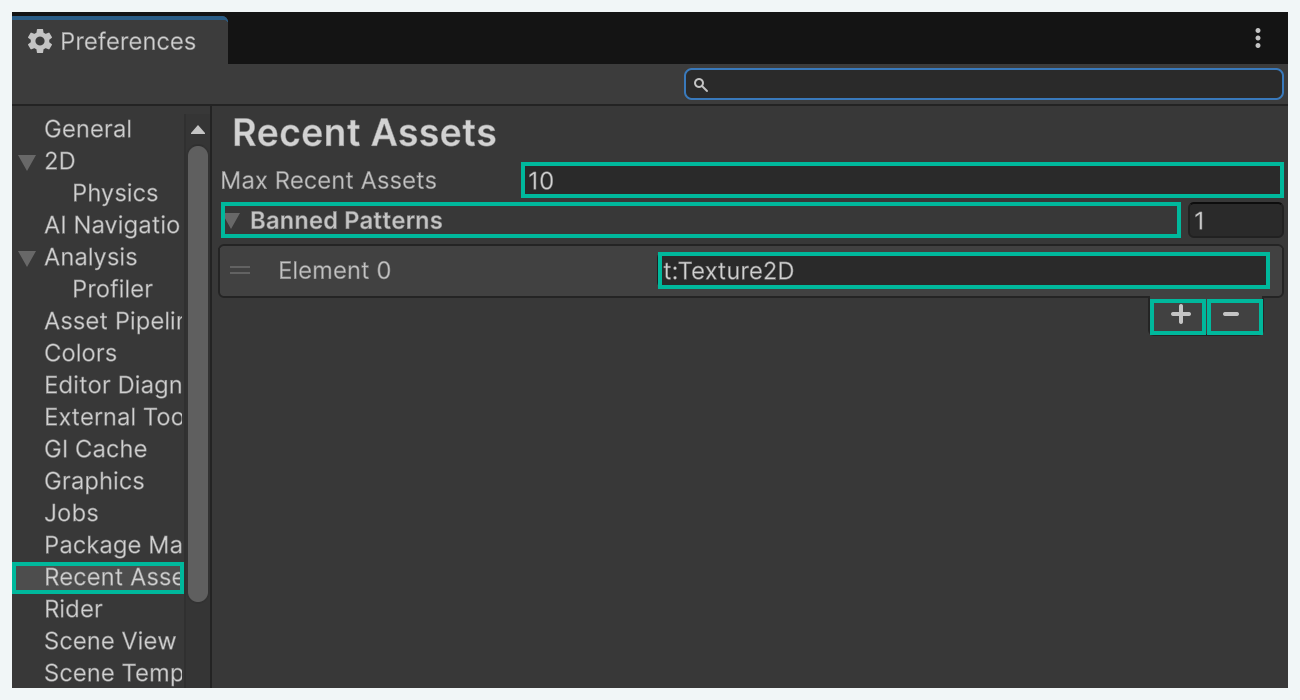 Recent Assets selected in Preferences, with Max Recent Assets, the Banned Patterns foldout, query entry, plus and minus buttons outlined separately
