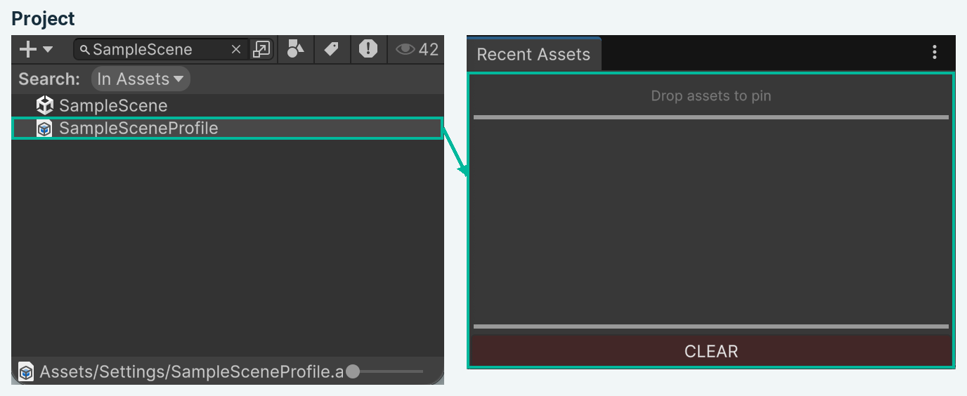 A Project window asset outlined as the drag source, with an arrow to the entire Recent Assets drop area
